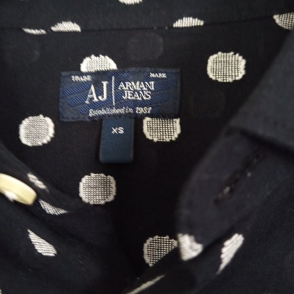 NWT New Armani Jeans $195 Navy White Linen-look Polka Dot button up shirt XS (4) - Picture 4 of 11
